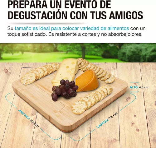 Tabla Para Quesos De Madera Bambú + 4 ac