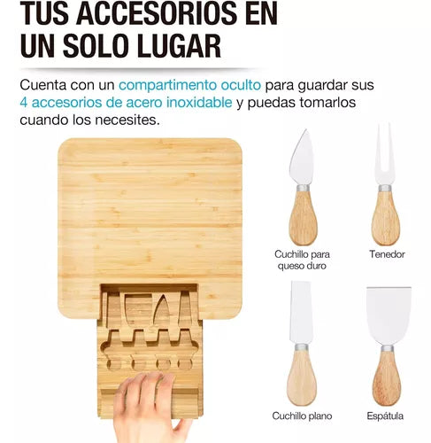 Tabla Para Quesos De Madera Bambú + 4 ac