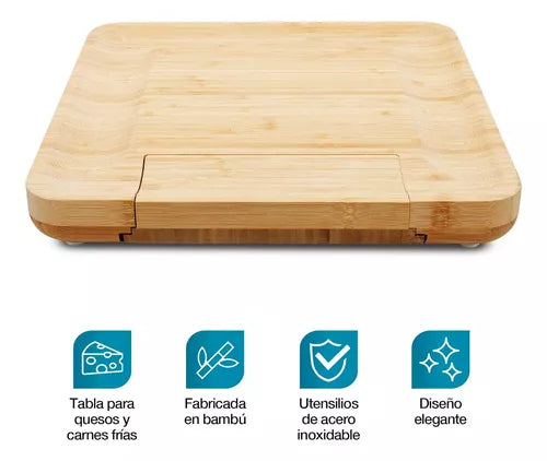 Tabla Para Quesos De Madera Bambú + 4 ac