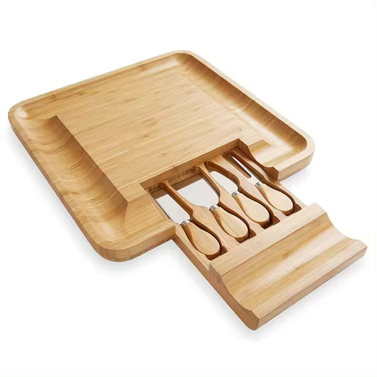 Tabla Para Quesos De Madera Bambú + 4 ac